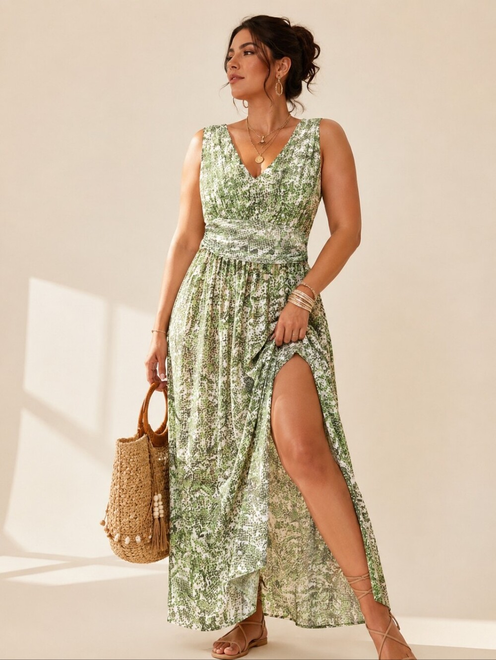 Steve Madden Green Floral V-Neck High-Slit Maxi Dress